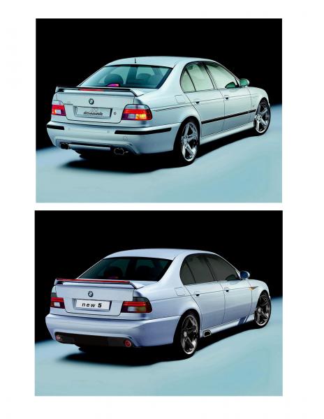 A previous gen M5 before and after.

The slanted ribbon is my trademark I put on my PS cars, inspired by the Audi S-line emblem.